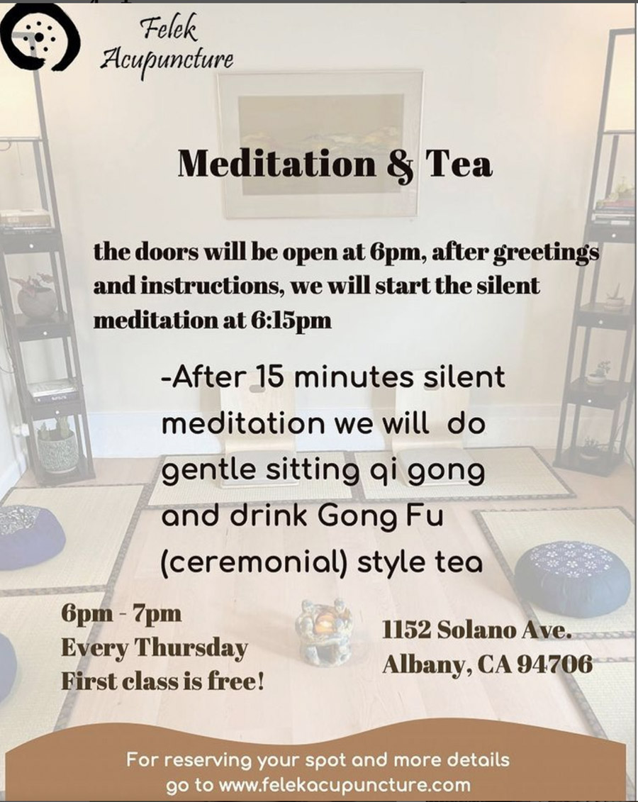Meditation and Tea Every Thursday 6 to 7pm. First class is free!